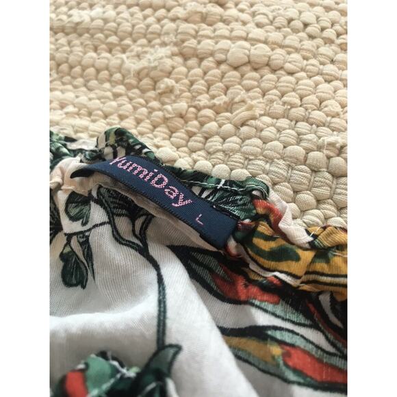 Yumi Day White Green Yellow Tropical Leaves Sun Midi Dress Cover Up Womens Sz L - Picture 5 of 11